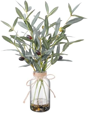 Artificial Olive Branches in Glass Vase, 15.74-in Faux Greenery