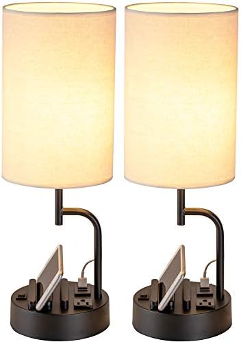 Dreamholder Table Lamp with 3 USB Charging Ports, Modern Desk Lamp with AC Outlet and Phone Stands, Perfect Bedside Lamp for Bedroom, Living Room, Office (Pack of 2), Cream