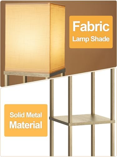 Floor Lamp with Shelves for Living Room Natural Wood, Shelf Floor Lamp with 3 CCT LED Bulb, Corner Display Standing Column Lamp Etagere Organizer Tower Nightstand with White Linen Shade for Bedroom