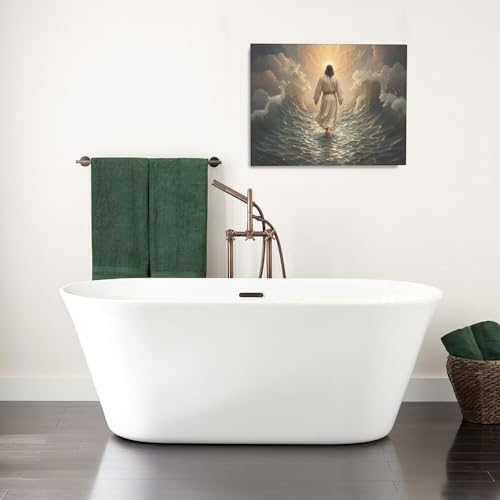 Jesus Walking on Water Wall Art Jesus Christian Spiritual Wall Decor Pictures Bible Story Canvas Prints Painting God Faith Artwork Decoration for Bathroom Bedroom Living Room Framed Gifts 16"x20"