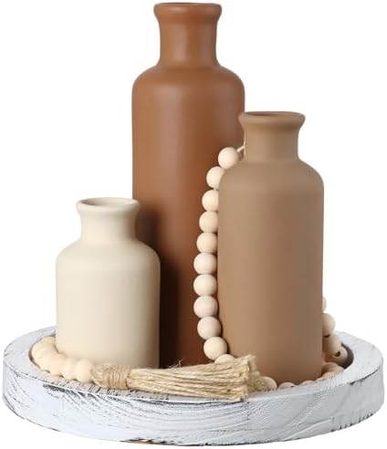 5 Pcs Coffee Table Decor Set, Brown, White Tray