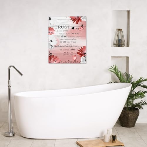 LB Country Bible Verse Wall Art for Bathroom Red Floral on Retro Grey Wood Canvas Wall Art Wall Paintings Home Decor Butterfly Wall Pictures for Living Room Bedroom Office Ready To Hang, 8x10 Inch