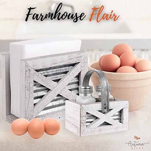 Autumn Alley Farmhouse Napkin Holder and Salt and Pepper Shakers Set - Wood Holder with Barn Door Motif, Galvanized Metal - Rustic Napkin Holder for Country Kitchen Decor (White)