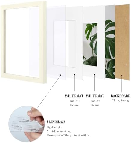 Egofine A4 Picture Frames Set of 4, Made of Solid Wood Covered by Plexiglass 5x7 and 6x8 with Mat or A4 without Mat, for Table Top Display and Wall Mounting Photo Frame Beige