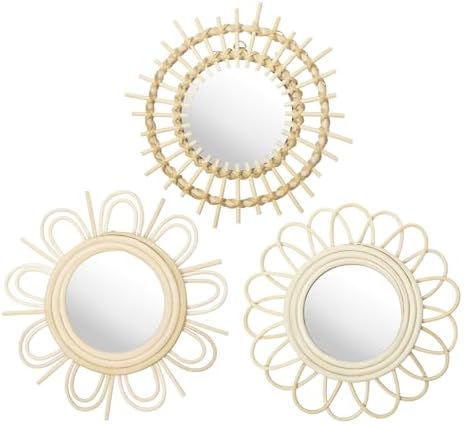 Briful Beige Wall Mirrors Decor Set of 3 Wooden Round Wall Mirrors Wall-Mounted Sunburst Mirrors Hanging Wall Art for Living Room Home Indoor Bedroom Decor