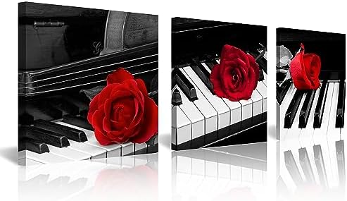 NAN Wind 3 Pcs Modern Canvas Painting Black and White Red Rose Canvas Art Rose and Piano Keyboard Wall Art Music Decorations Flower Picture on Canvas for Home Decor Giclee Framed Artwork for Wall