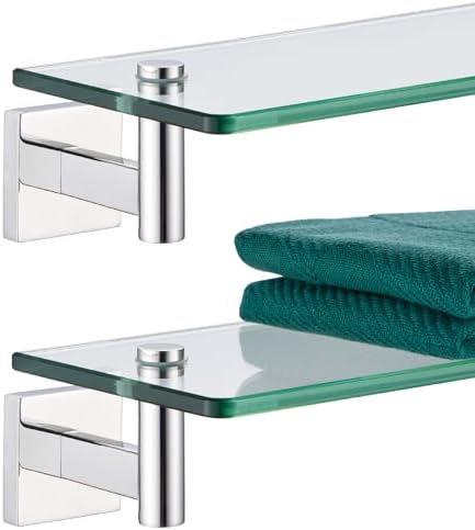 KOKOSIRI Bathroom Shelves Wall Mounted Floating Glass Shelf Polished Stainless Steel 16-Inch Hanging Rack for Storage/Room Decor 2 Pack B1105CH-L16-P2