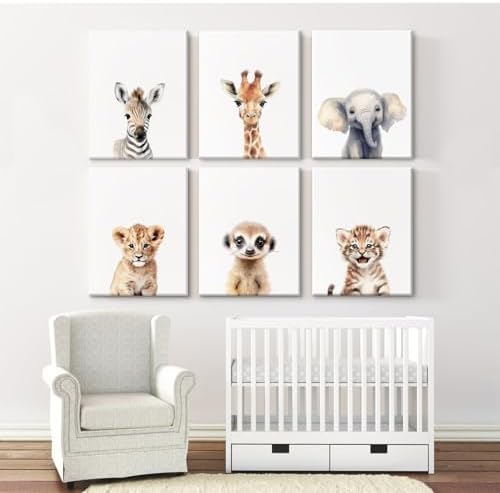 Safari Nursery Wall Art Decor Set of 6 Baby Animal Wall Art Kids Canvas Wall Art Safari Nursery Pictures Jungle Animal Prints Baby Boy Art Giraffe Painting for Room Bedroom 12x16 Inch Framed