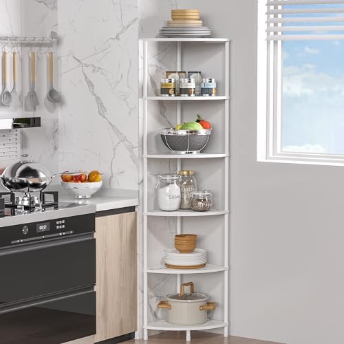 6 Tier Corner Shelf Stand, 54.4", Marble White