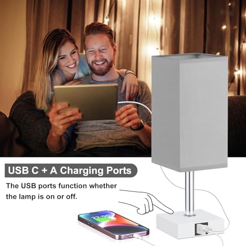 Touch Table Lamp for Bedroom - Dimmable, USB C+A, Grey Lamphade White Base