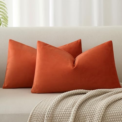 JUSPURBET 12x20 Lumbar Velvet Throw Pillow Covers Set of 2,Burnt Orange