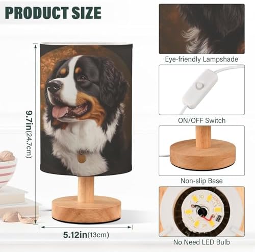 Cute Bernese Mountain Dog Table Lamp with Wood Base Fabric Lamp Shade Bedside Nightstand Desk Lamp for Living Room Bedroom Kids Room Office