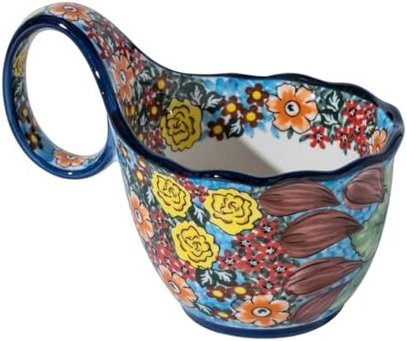 ALMA Handpainted Blue Floral Soup Bowl with Handle, 16oz Loop Handle Bowl