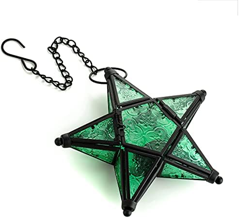 Sziqiqi Glass Star Tealight Lantern, Hanging Star Candle Holder, Green