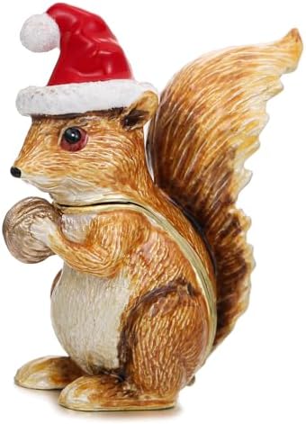 Hand Painted Christmas Trinket Box for Home Decor Accents, Enamel Hinged Jewelry Box for Bookshelf Office Table Desk Decor, Classical Figurine Collectible Keepsake Sculptures (Brown Squirrel)