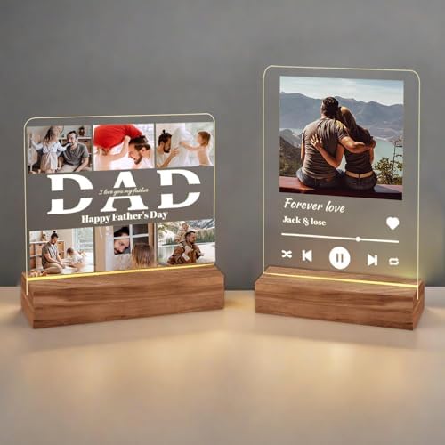 Personalized Photo Acrylic Happy Fathers Day Sign Plaque Gifts for Dad Papa Grandpa from Daughter Son Wife Customizable LED Night Light Wooden Base Lamps Desk Bedroom Decor Signs