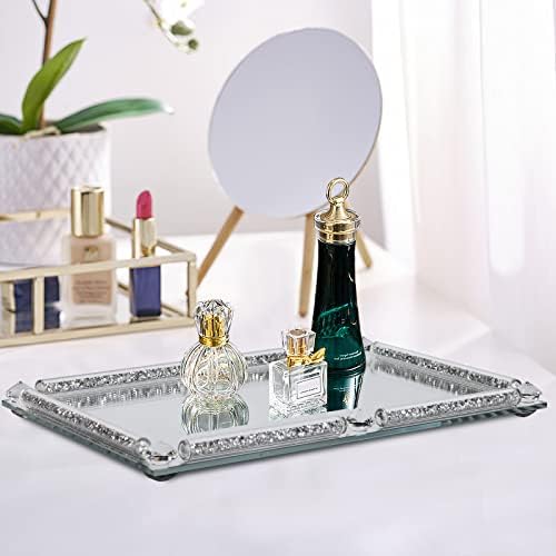 Mirror Perfume Tray for Dresser,Silver Crushed Diamond Filled