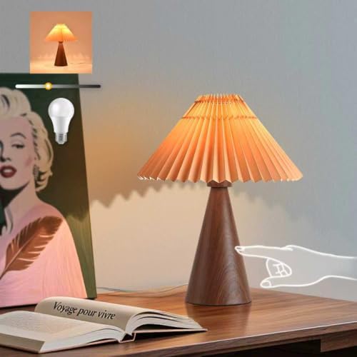 Ziqqeelam Wood Touch Control Table Lamp, Mini Cute Table Lamp, Wooden Grain Bedroom Lamps for Nightstand, Small Scalloped Lamp Shade Table Lamps for Small Spaces for Bedroom,Living Room