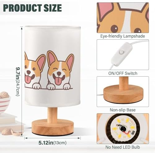 Table Lamp Cute Corgi Dog Smiling Cartoon Animal Nightstand Lamp with Wood Base Fabric Lamp Shade Bedside Desk Lamp for Living Room Bedroom Kids Room Office