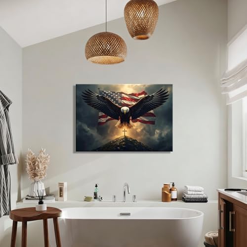 Patriotic Bald Eagle with US Flag & Cross Canvas Wall Art, Christian 4th of July Patriotic Wall Decor, Framed Inspirational Canvas Prints, Independence Day Pictures for Office, Bedroom
