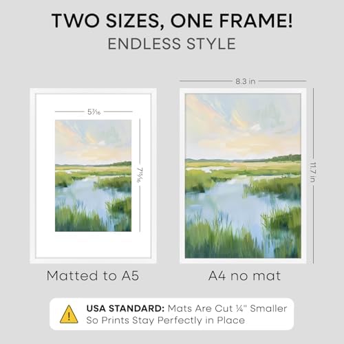 Homeforia A4 White Picture Frame, High-End Metal, A5 Mat, Glass