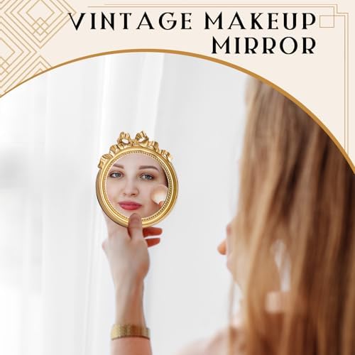 Threehoney 4 Pack Small Vintage Wall Mirror 4.1" Gold Bow Desk Mirror Decorative Round Makeup Mirrors with Resin Frame for Bedroom, Bathroom, Table Decoration