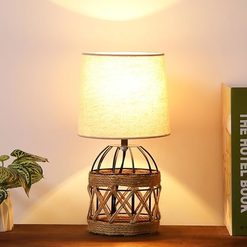 Boho Table Lamp for Bedroom, Small Bedside Lamp with Rattan Metal Cage Base and Linen Shade, Nightstand Lamp for Living Room, Farmhouse Coastal Rustic Bedroom Decor, E26 Socket, Bulb Not Included