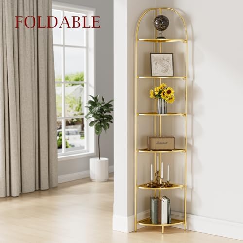 Crofy 6-Tier Foldable Corner Shelf, Metal Gold Frame & Shelves