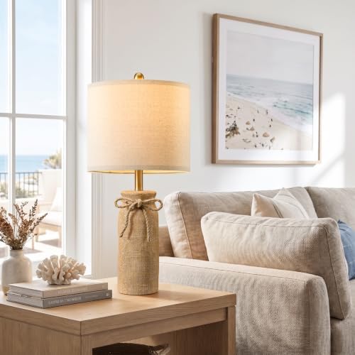 BOBOMOMO Boho Table Lamps for Living Room Set of 2, 25.5" Coastal Farmhouse Bedside Table Lamps for Nightstands, Resin Woven Rattan-Look Lamps for Bedroom, Entry Way, Rustic Home Decor