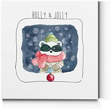 Renditions Gallery Abstract Animal Wall Art for Home Decor Holly & Jolly Christmas Raccoon Canvas Hanging Artwork for Dining Living Room Kitchen Decorations - 16"X16" LT05