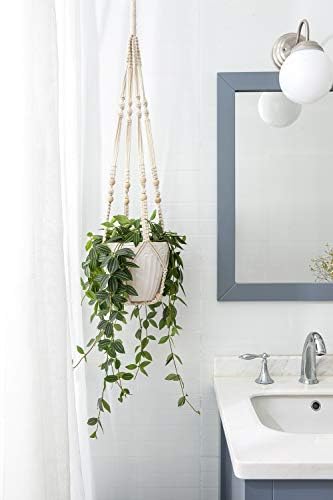 Mkono Macrame Plant Hanger Indoor 35 Inch Hanging Planter Basket Ivory 2Pcs