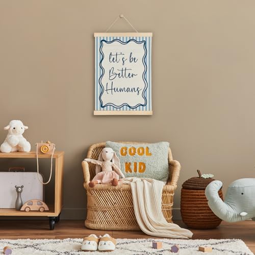 SereneHanctuary Blue Striped Inspirational Wall Art, Motivational Wall Decor, Let's Be Better Humans Positive Quote Poster Hanger Frame for Kids Room Nursery Playroom Home Decor, 12x16 Inch