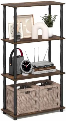 Furinno Turn-N-Tube Storage Shelves, 4-Tier Open Frame Book Shelf, Standing Corner Shelf, Toolless Open Shelves, Classic Tubes, for Organization and Storage, Living Room, Home Office, Amber Pine