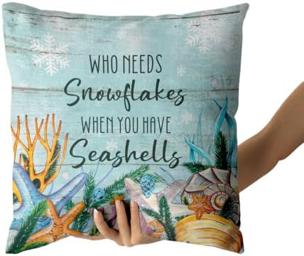 Giwawa Coastal Christmas Pillow Covers Set of 2, Blue Nautical Seashell Xmas Winter Snowflakes Throw Pillow Cases 16x16 Inch, Double Sided Square Cushion Covers for Sofa Couch Bedding Decor