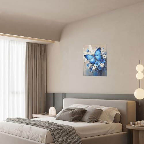 Crekviy Blue Butterfly Flower Wall Art Vintage Butterfly Pictures Wall Decor Canvas Prints Painting Artwork Decoration Girls Gifts for Bedroom Bathroom Living Room Framed 12"x16"