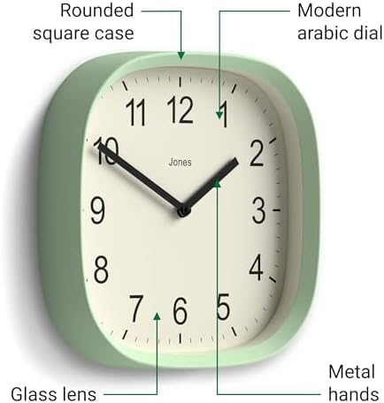 JONES CLOCKS® Sprite wall Clock | Modern Retro Rounded Square Clock | 10" | Neo Mint Green | Easy to Read Numbers | Perfect for Kitchen or Office