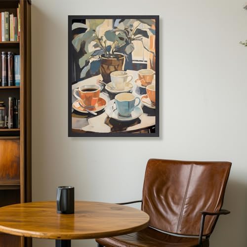 Cyebmo Retro Coffee Wall Art, Coffee Cup Plant Wall Decor, Watercolor Cafe Canvas Painting, Minimalist Vintage Travel Food Poster Print for Home Office Cafe Bar Living Room Wood Framed 16x24 Inch