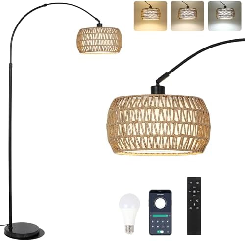 Arc Floor Lamps for Living Room with 3 Color Temperatures, Black Standing Lamp with Remote & Dimmable LED Bulb, Rattan Boho Floor Lamp, Farmhouse Tall Lamp for Bedroom, Over Couch Arched Reading Light