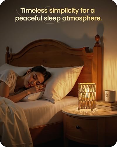 Small Rattan Table Lamps Set of 2, Boho Bedside Lamps Plug in, Handwoven Paper Rattan Lampshade, 2400K LED Bulb Included, Desk Lamp, Nightstand Lamp for Bedroom, Living Room, Mesh H11TLP205