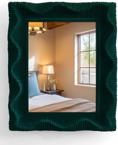 Emerald Green Wavy Vanity Mirror for Living Room Hallway Wall Decor | 14x12",Soft Velvet-like Touch,Accent Mirror for Bathroom Dining Room Hotel Coffee Book Shop,Aesthetic Room Stylers