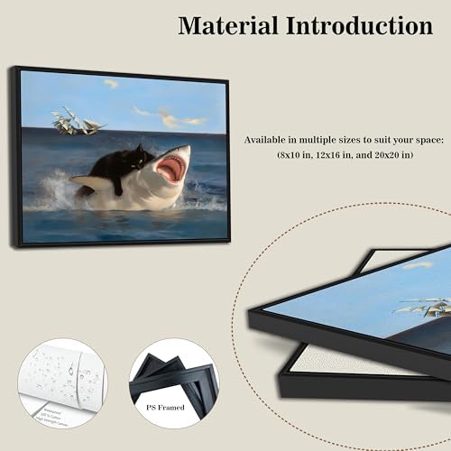 Floating Framed Black Cat Wall Art, Funny Quirky Cat and Shark Pictures Canvas Print, Abstract Black Cat Shark Posters Wall Decor for Room Bedroom Living Room Bathroom Aesthetic 12x16 inch
