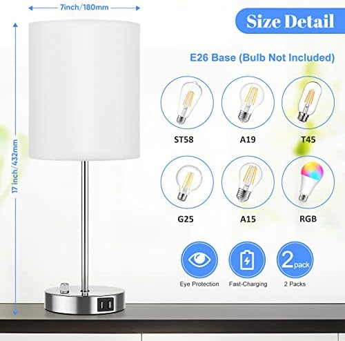Set of 2 Table Lamps with USB Ports, White Bedside Lamps with AC Outlet