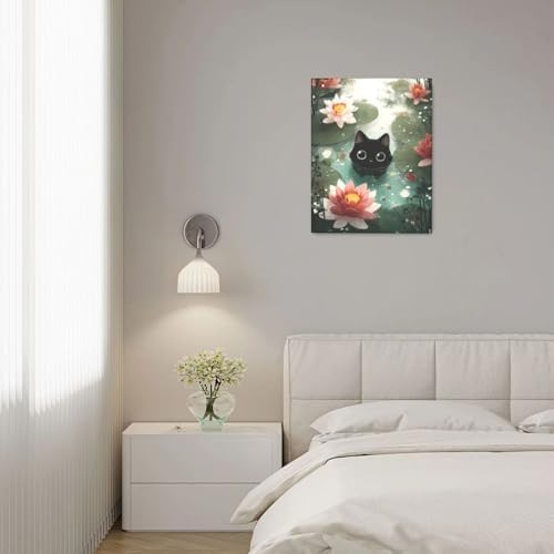 Crekviy Vintage Black Cat Bathroom Decor Wall Art Funny Cat Pictures Water Lilies Canvas Prints Painting Artwork Decorations Gifts for Bedroom Living Room Office Framed 16"x20"