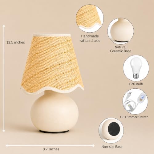 11" Small Mini Boho Table Lamp – Handmade Ceramic Cream Base with Scallop Woven Rattan Shade, Dimmable Plug-In Accent Light for Bedroom, Nightstand, Small Spaces, Kitchen Counter, Bookshelf