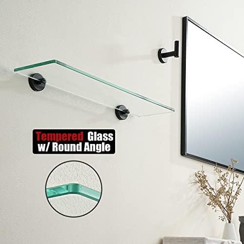 JQK Bathroom Glass Shelf Black, Tempered Glass Shower Storage 20 by 5 inches, 304 Stainless Steel Matte Black Wall Mount, TGS101L20-PB