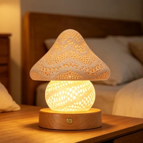 LONRISWAY Rechargeable 3D Print Mushroom Hollow Out Shadow Night Light, Wooden Base Touch Dimmable LED Table Lamp, 900mAh Type-C Rechargeable Ambient Lamp for Bedroom Home Decor 13 * 13 * 15cm