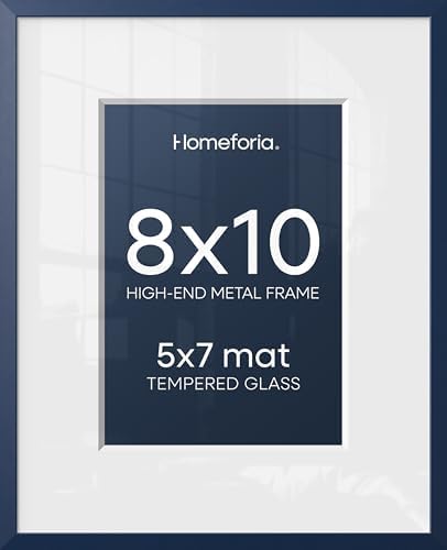 Homeforia 8x10 Blue Picture Frame, High-End Metal, 5x7 Mat, Glass