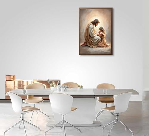 Jesus Praying with Girl Wall Art, Christian Canvas Art, Unframed, 16x12 in | Designed for bedrooms, churches, nurseries, or prayer spaces; depicts a comforting faith scene for families and believers.
