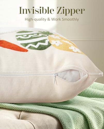 Easter Pillow Cover 18x18 Inch – Embroidered Spring Throw Pillow Cover Eggs Rabbit Carrots Farmhouse Decorative Easter Cushion Case with Hidden Zipper for Couch, Sofa, or Living Room(1 Pack)