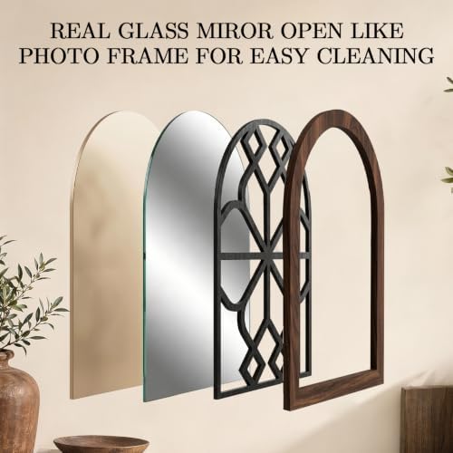 Set of 2 Arched Window Wall Mirror, Rustic Farmhouse Accent Mirror with Wood Frame Decorative Wall Art Mirror for Living Room Bathroom Bedroom Kitchen